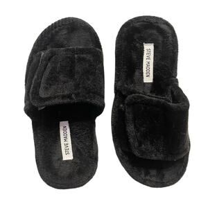 Steve Madden Faux Fur Open Toe Flat Slip-On Ezri Slide Slippers Black SZ 8
